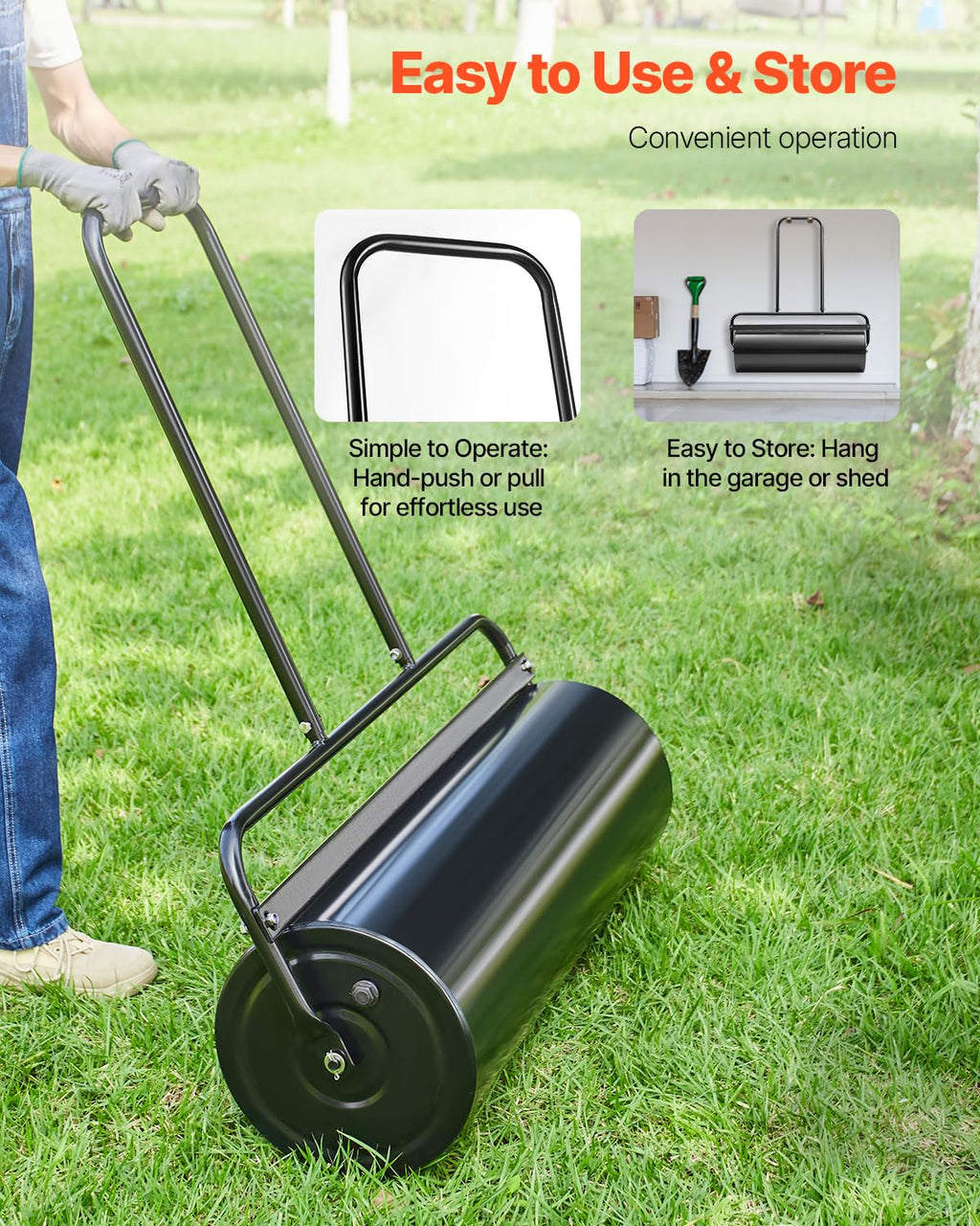 VEVOR Lawn Roller, 61L Sand or Water Filled Yard Roller, with Easy-Turn Plug and U-Shaped Ergonomic Handle for Convenient Push and Pull, Level and Compress Soil for Lawn, Garden, Farm, Park, Black