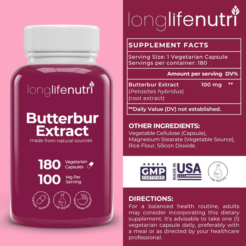 LongLifeNutri Butterbur Extract 100mg - Petasites Hybridus Root Extract, 180 Vegetarian Capsules, 6 Month Supply, Organic Supplement for Head Comfort & Neural Calm, GMP Certified, Made in USA