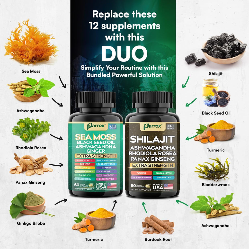 Shilajit & Sea Moss Bundle, Black Seed Oil & Ashwagandha, Vitality, 2 Pack