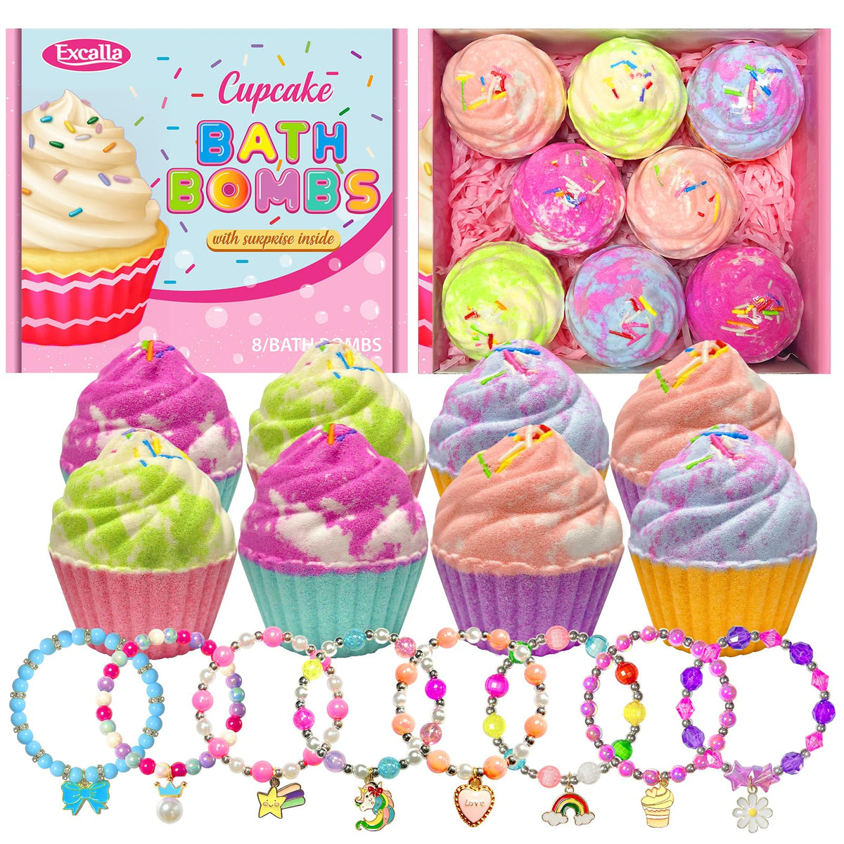 Bath Bombs for Kids with Surprise Jewelry Inside, 8 Cupcake Bath Bombs for Girls Gift Set, Handmade Fizzes Balls with Rich Bubble Bath, Ideal for Chrildren Birthday Christmas