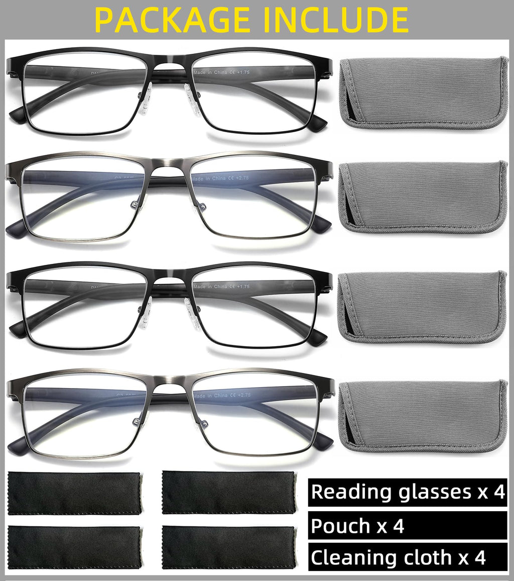 DILLY VISION 4-Pack Mens Reading Glasses Blue Light Blocking,Spring Hinge Stylish Metal Full Frame Readers for Men Anti Glare Filter Eyeglasses +1.50