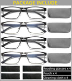 DILLY VISION 4-Pack Mens Reading Glasses Blue Light Blocking,Spring Hinge Stylish Metal Full Frame Readers for Men Anti Glare Filter Eyeglasses +1.50