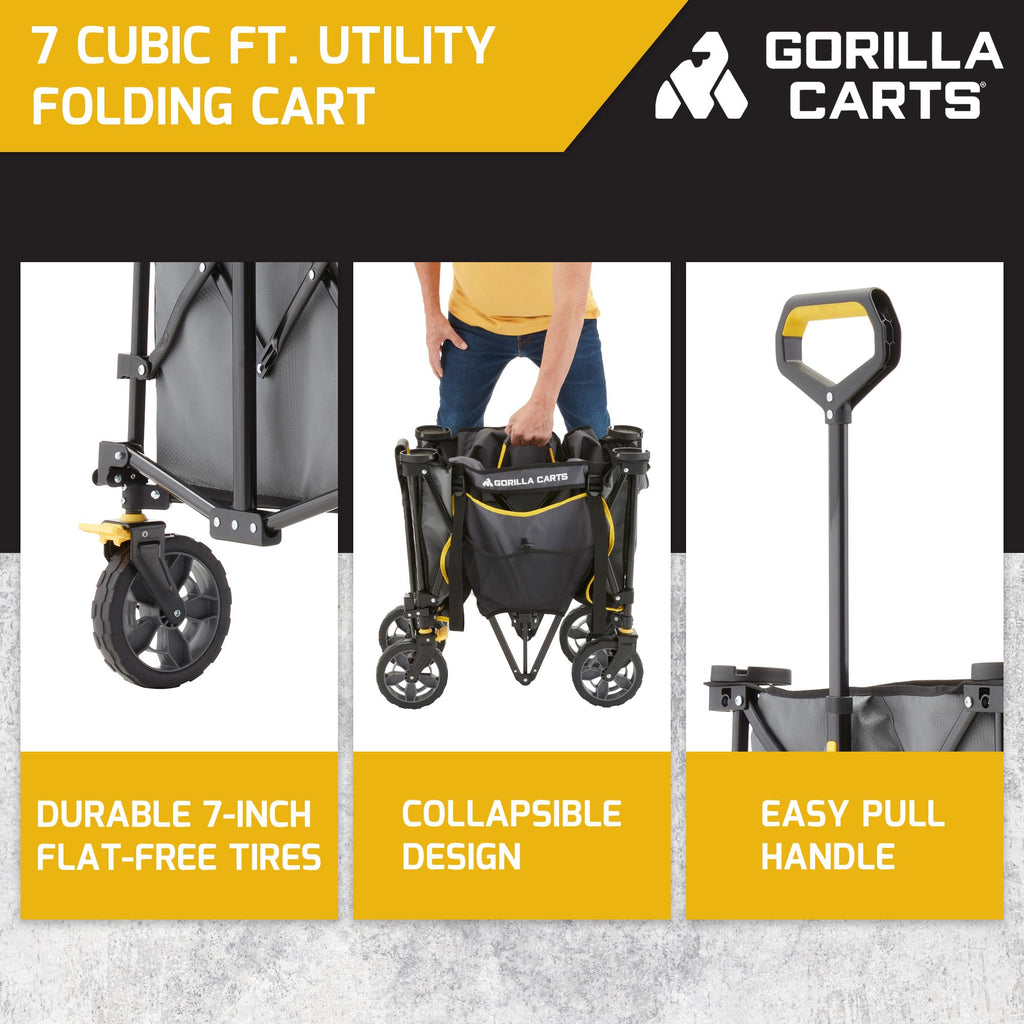 Gorilla Carts Collapsible Folding Outdoor Utility Wagon, 7 Cu Ft Oversized Bed, 150 lb Load Rating, Gray – Foldable Rolling Cart w/ Pockets & Cup Holders for Beach, Camping, Sports or Picnic