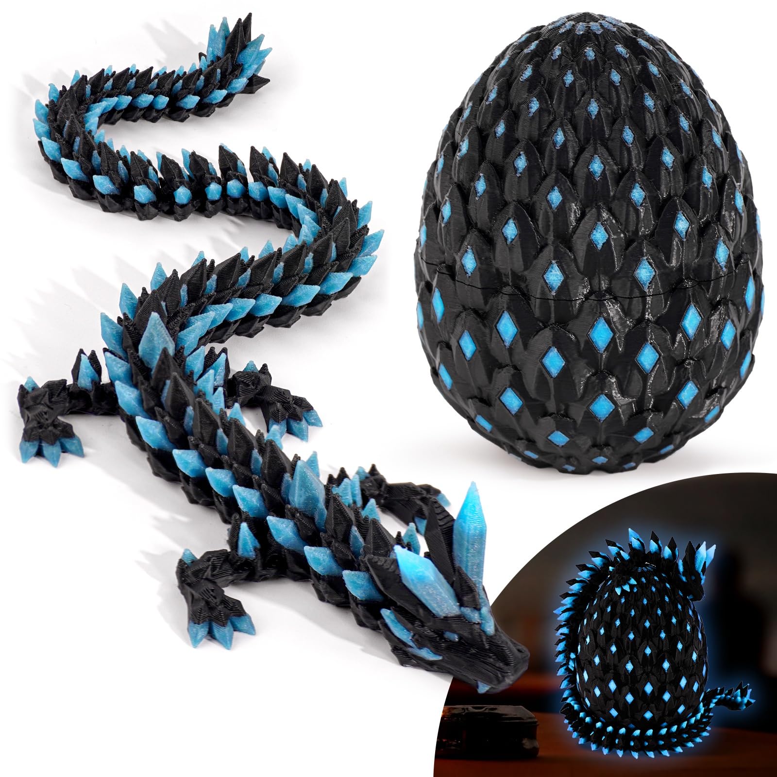 Waaaandefu 3D Printed Dragon Glow in The Dark with Matching Egg – UV Reactive 3D Printed Dragon Egg Set – Upgraded 2025 Collectible for Fantasy Fans