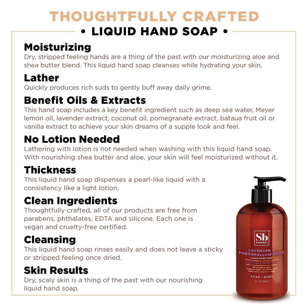 Soapbox Liquid Hand Soap, Lavender & Marshmallow Root - Gentle, Moisturizing Hand Cleanser, Vegan & Cruelty Free Hand Wash for Kitchen and Bathroom, 12oz Pump Bottles (Pack of 3)