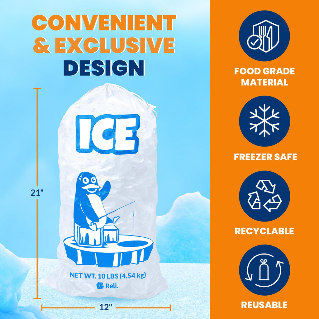 Reli. Plastic Ice Bags 10 lb (250 Pack Bulk) Cotton Drawstring | 12"x21" Ice Bags Reusable, Heavy Duty | Clear, Freezer Safe Storage | 1.5 Mil