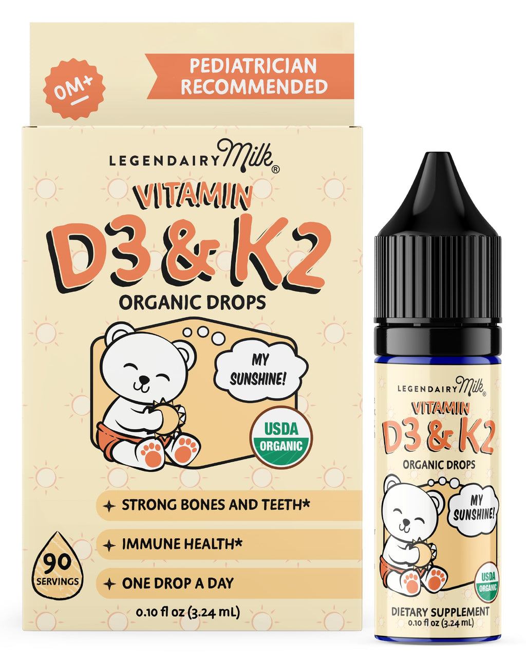 Legendairy Milk Vitamin D Drops for Infants, Organic Baby Vitamin D3 K2 Liquid 400 IU, Vegan for Newborns Toddlers & Kids, Childrens Supplement for Strong Bones & Teeth, Sugar Free, 90 Servings