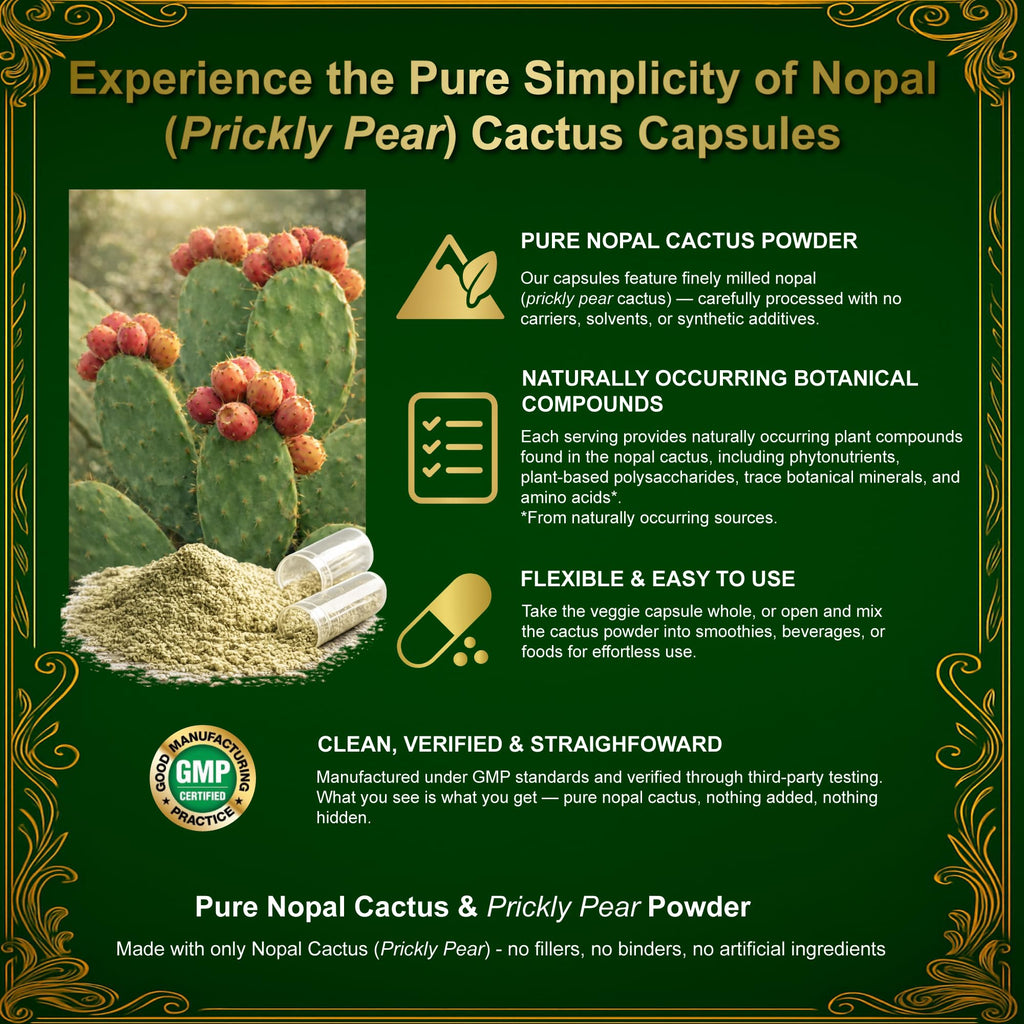 Natural Home Cures Nopal Cactus Capsules - Freeze Dried Prickly Pear Extract - Fiber Supplement for Metabolic Health Support - Rich in Betalains & Nitrates - Non-GMO - 120 Veggie Caps (1 Bottle)