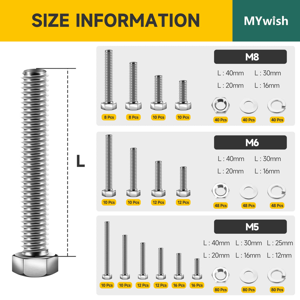 Mywish 660PCS M5 M6 M8 Bolt Screw Set, Metric Bolt Assortment, 304 Stainless Steel, Nut and Bolt Set Flat & Spring Washers, Assorted Hex Head Bolts and Nuts Kit, Fully Thread