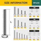Mywish 660PCS M5 M6 M8 Bolt Screw Set, Metric Bolt Assortment, 304 Stainless Steel, Nut and Bolt Set Flat & Spring Washers, Assorted Hex Head Bolts and Nuts Kit, Fully Thread