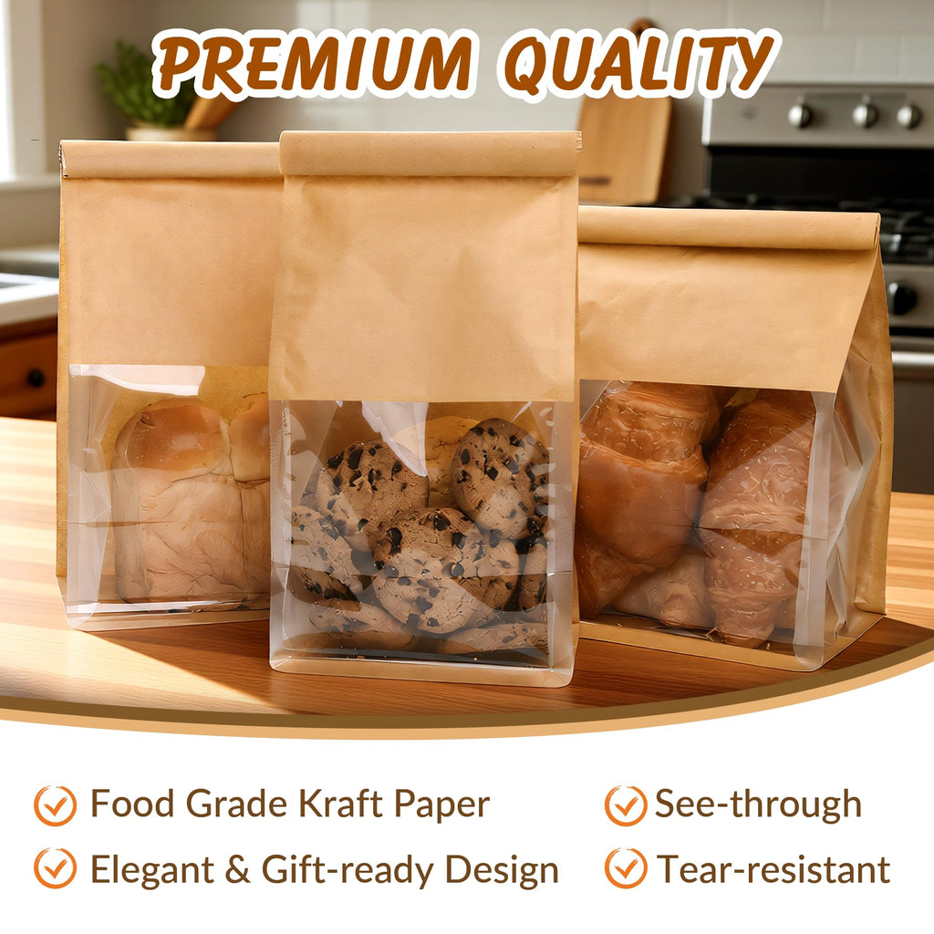 60 Pcs Bakery Bags with Window, 5.1x6.2x10.5 Inches Ties Lock Cookie Packaging Bag Resealable Paper Treat Bags for Homemade Breads, Popcorn, Candies,Treats, Snacks, Baked Goods Packaging