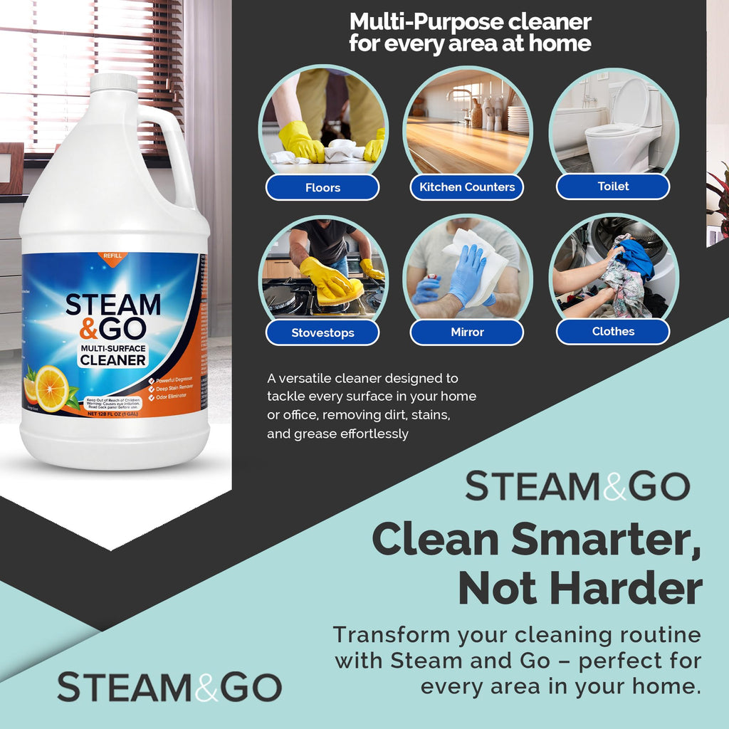 Steam & Go Multi-Purpose Cleaner Spray Refill with Oxy Power for Multi-Surfaces - Removes Stains, Eliminates Odors, & Degreases - Orange Scent, 1 gal