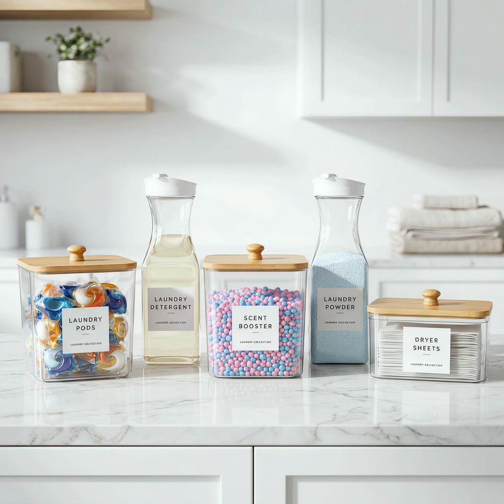 cocolanco 3+2 Pack Laundry Pods Containers & Dryer Sheet Holder & Laundry Detergent Dispenser, Laundry Room Organization and Storage Jars with Lids, Labels and Scoops for Scent Booster, Powder, Pods