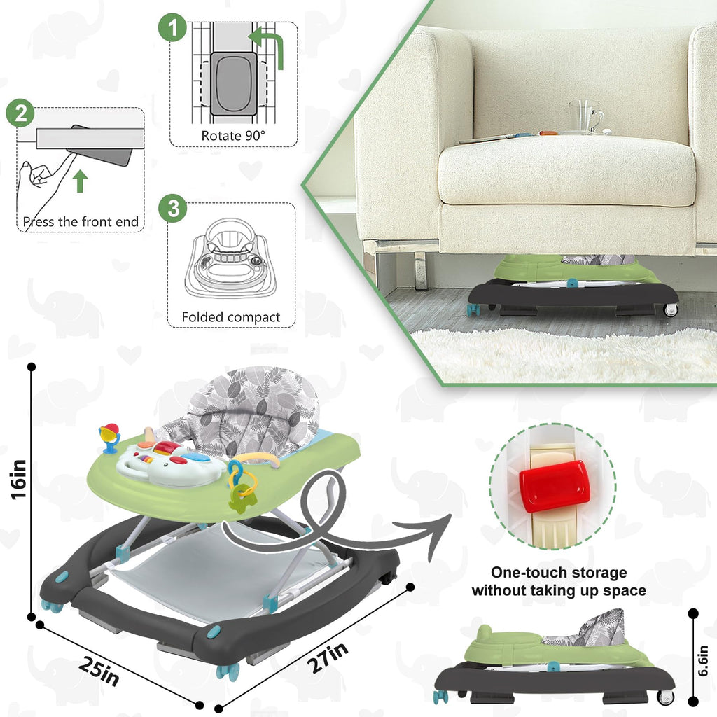 Pawtong Foldable Baby 5-in-1 Activity Walker - Rocker, Activity Center, Bouncer, Seat Walker, Push Walker - Adjustable Speed Rear Wheels and Height Toys Ages 6-18 Months… (Green)