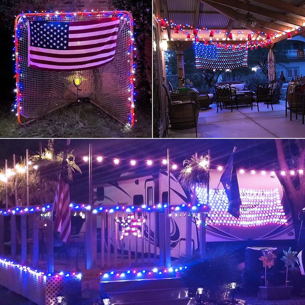JMEXSUSS 2 Pack Red White and Blue Solar Lights, 200LED 75.5ft Patriot Solar String Lights Outdoor Waterproof, 8 Modes 4th of July Light for Independence Day Patio Garden Tree Decorations