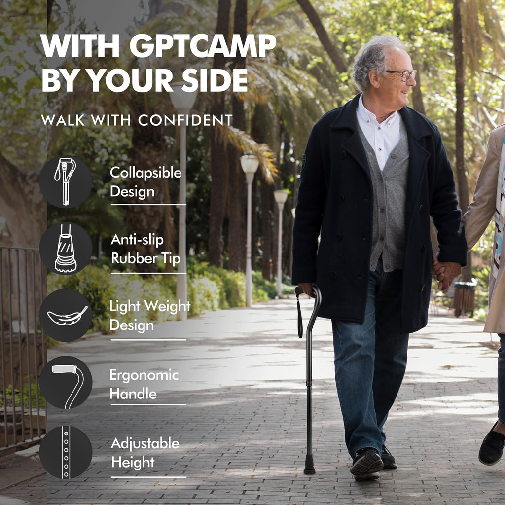 GPTCAMP Walking Cane and Walking Stick for Men Women,Lightweight Folding Canes with Offset Soft CushionedHandle,Adjustable&Collapsible,Mobility & Leg Surgery Recovery (Black)