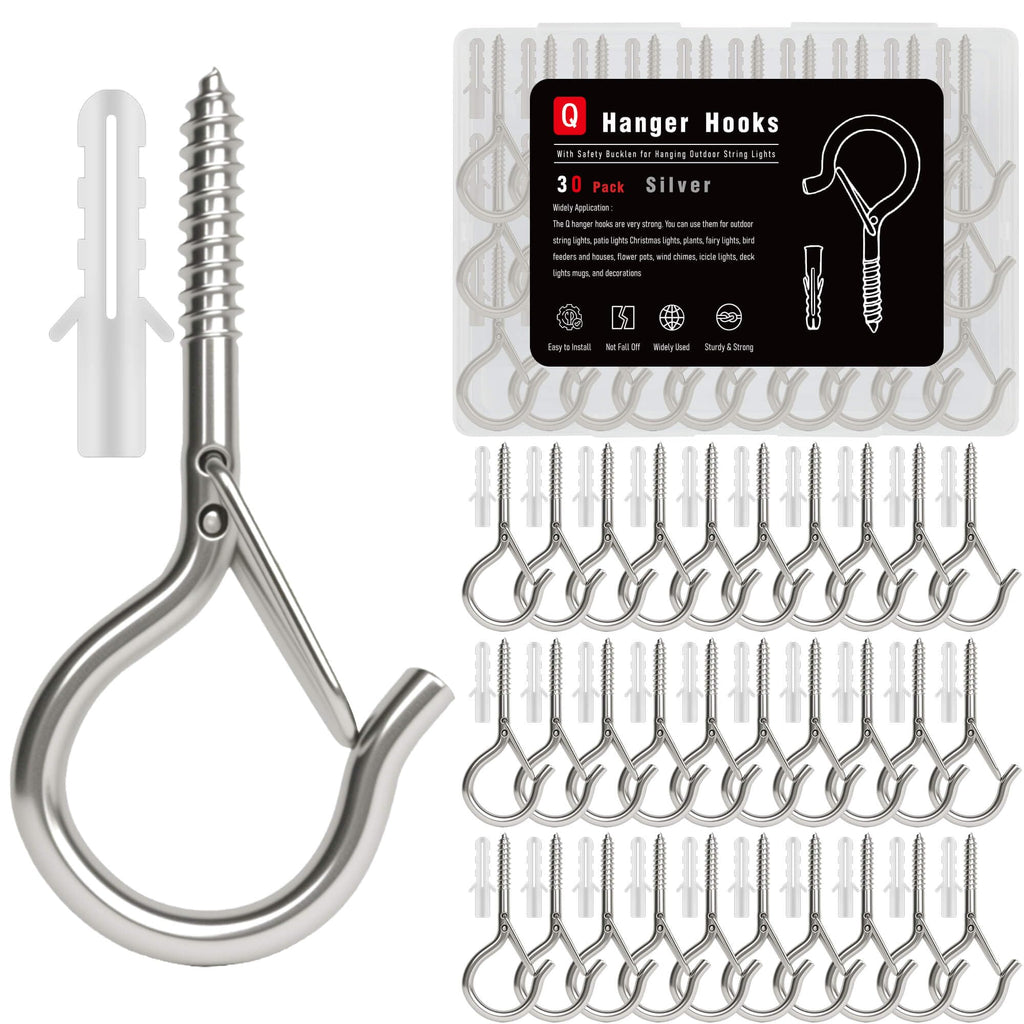 KULOLO Black Screw Hooks with Safety Lock 2.3" Rustproof Metal Ceiling Hooks for Hanging Plants, Baskets,String Lights & Outdoor Decor, 40LB Capacity (30, Silver)