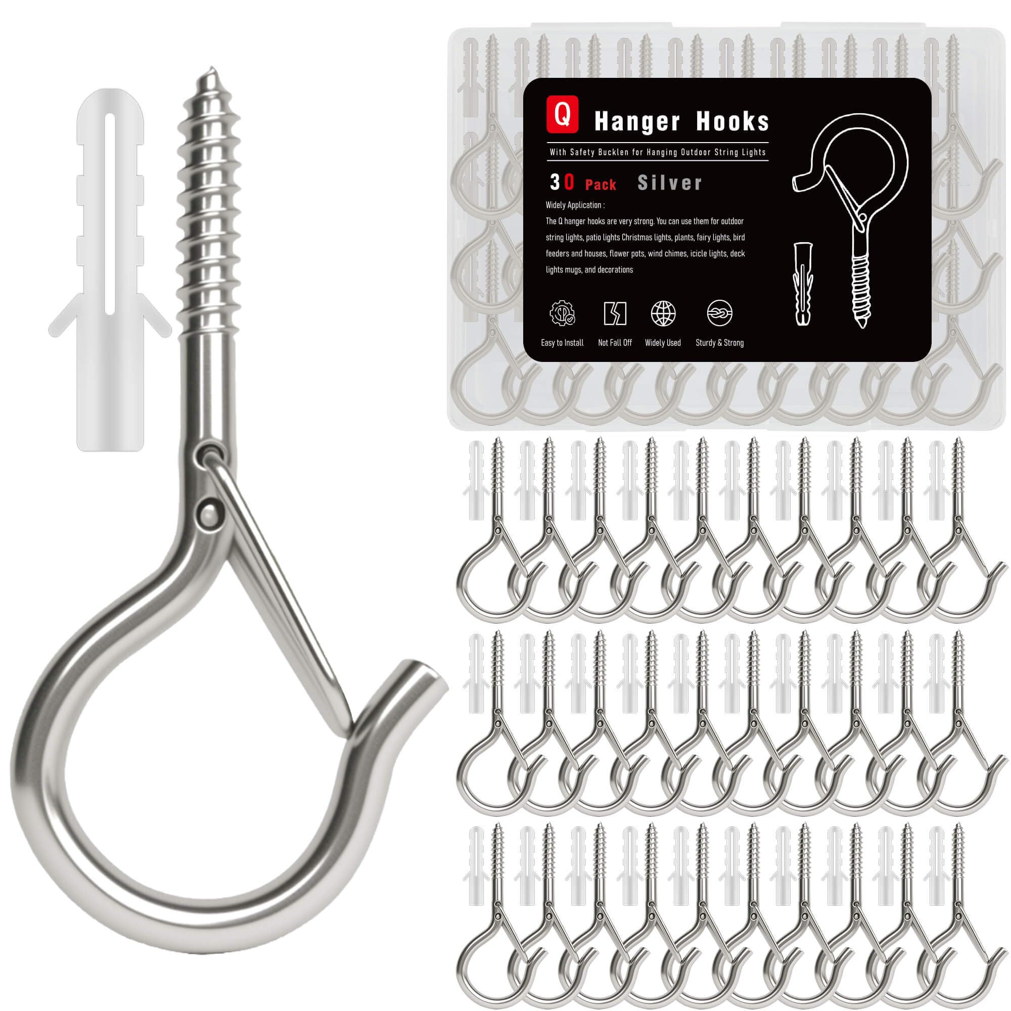 KULOLO Black Screw Hooks with Safety Lock 2.3" Rustproof Metal Ceiling Hooks for Hanging Plants, Baskets,String Lights & Outdoor Decor, 40LB Capacity (30, Silver)