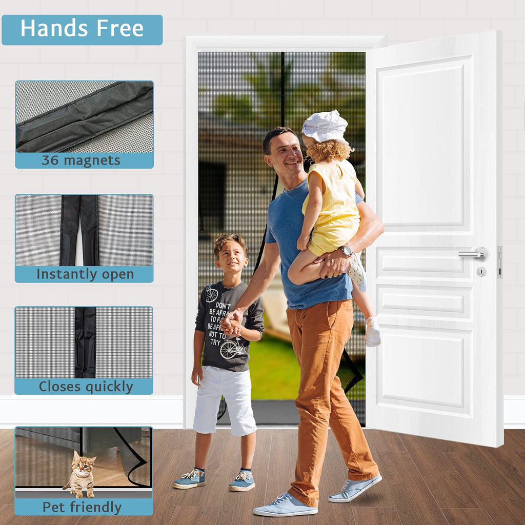 YRH Fiberglass Magnetic Screen Door,Heavy Duty Enhanced Fiberglass Mesh, Self-Sealing Closure with Stay Open Buckles (Fit for Door Size:34x82 Inch,Screen Itself Size:36x84 Inch,Black)