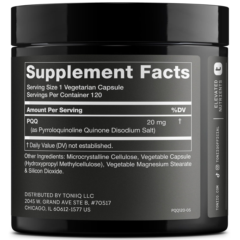 Toniiq 99%+ 20mg Supplement - Ultra High Purity PQQ 20mg Concentrated Formula - PQQ 20 mg 120 Capsules - Pyrroloquinoline Quinone Supplement - 1 Capsule Serving - Vegetarian Capsules