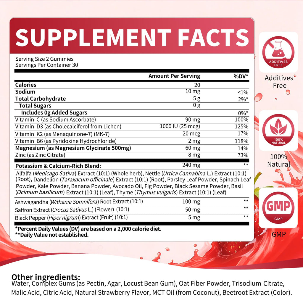 2 Pack Potassium Magnesium Gummies, Sugar Free Potassium Supplement Magnesium Glycinate 500mg, Ashwagandha, Vitamins D3, C, B6, Calcium & Zinc for Sleep, Leg Cramps & Muscle Relaxation-120 Count