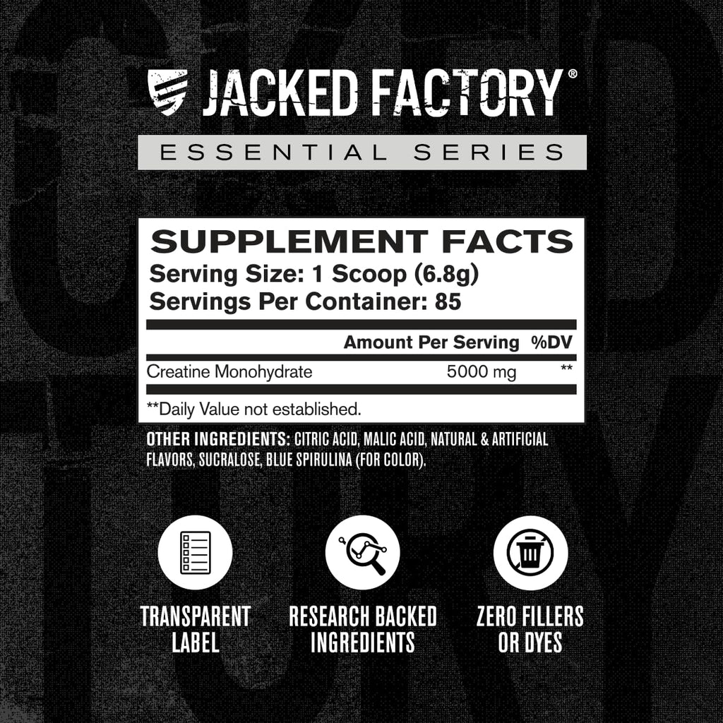 Jacked Factory Creatine Monohydrate Powder 20.4 oz (578g) - 5g Daily Creatine Supplement for Men and Women, Vegan-Friendly, Third-Party Tested - 85 Servings, Blue Raspberry