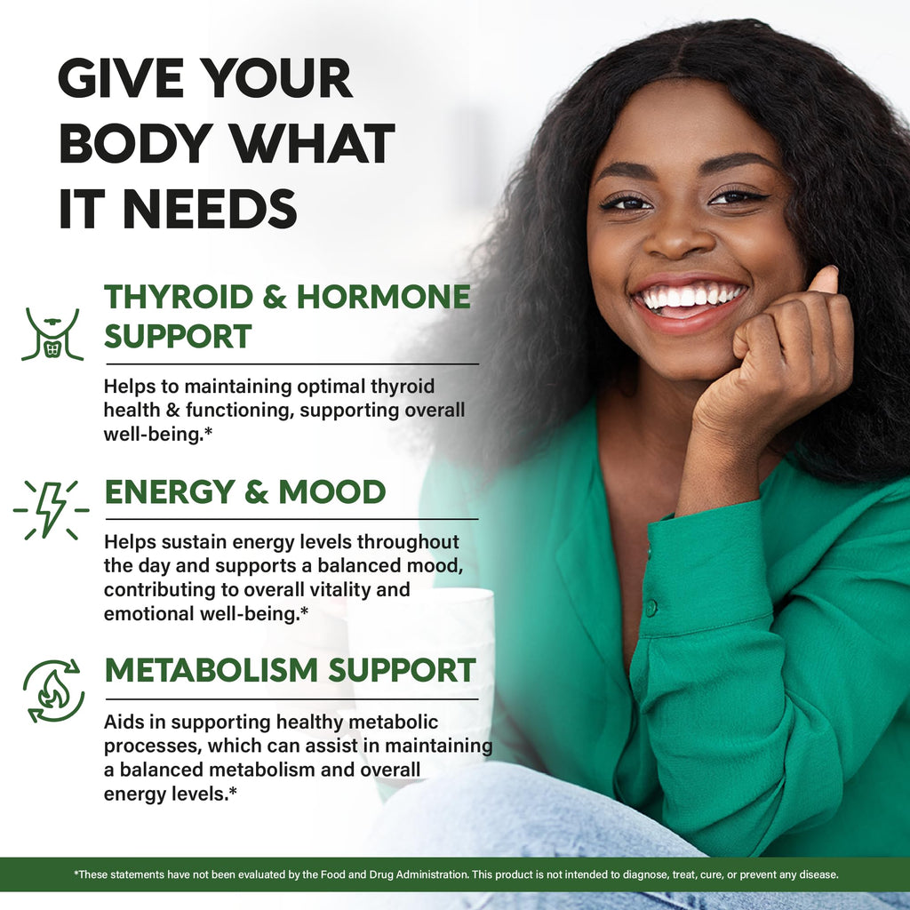 Thyroid Support for Women - Selenium 200 mcg | Astragalus | Zinc & Iodine | L-Tyrosine | Adaptogen Herbs - 21-in-1 Antioxidant & Immune Support - Made in USA - Vegan, Non-GMO, Lab Tested - 60 Capsules