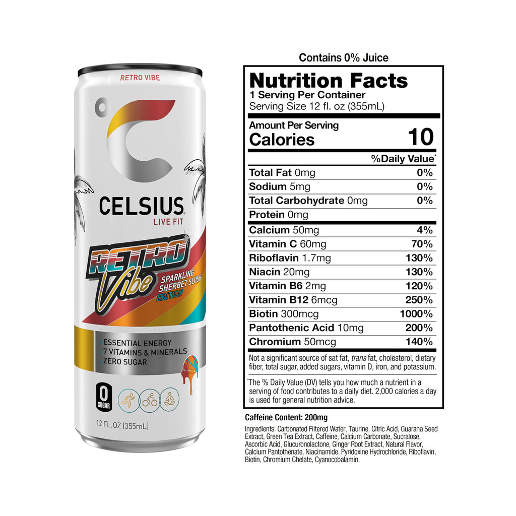 CELSIUS RETRO VIBE Sparkling Sherbet Slush, Sugar Free Energy Drink, 12 Fl Oz (Pack of 12)