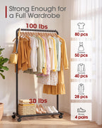 Sakugi Clothes Rack - Clothing Rack with Storage Mesh Shelf & Casters, Heavy-Duty Metal Clothing Rack for Hanging Clothes, Dresses, Coats, Large Load Capacity, Easy Assembly, Black, 28.0"x16.9"x59.0"