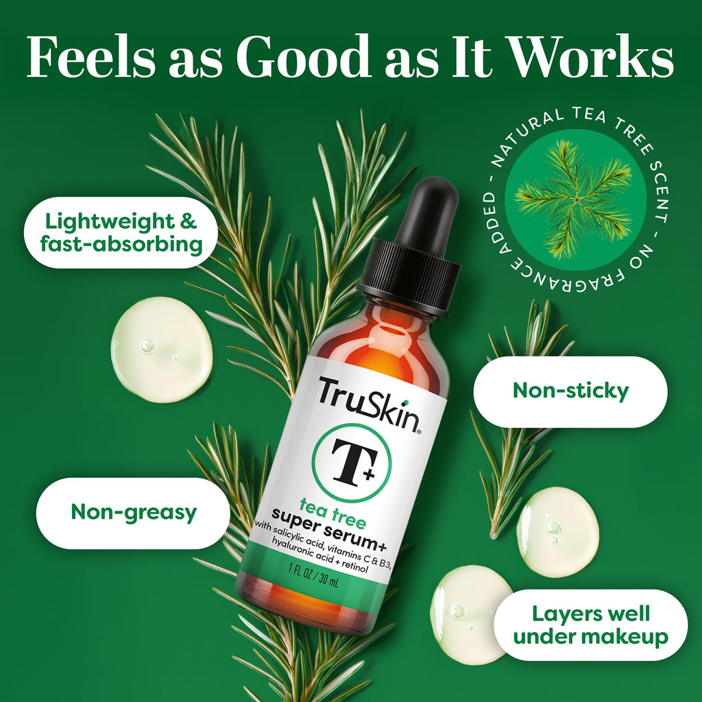 TruSkin Tea Tree Oil Acne Treatment Serum for Face – Salicylic Acid, Niacinamide, Vitamin C & Retinol – Clarifying Super Facial Serum for Acne-Prone Skin & Pores, 1 Fl Oz