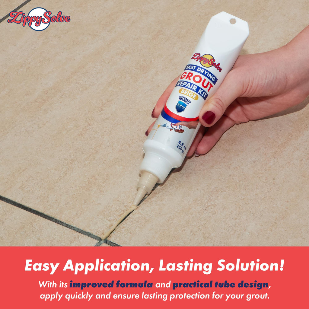 ZippySolve Tile Grout, Repair Kit, Restore & Renew Tile Joints Line, Fast Drying Tile Grout Paint Squeeze Tube for Bathroom Shower Kitchen Floor, Waterproof (8.8 oz, Beige)