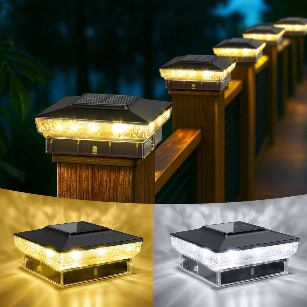 KEILAIMO Solar Post Cap Lights, 2 Pack Upgraded Outdoor Deck Fence Post Solar Lights for 4x4 5x5 Wood/Vinyl Posts, IP65 Waterproof, 10-12 Hours Warm/Cool White Glow for Garden/Patio/Porch - Black