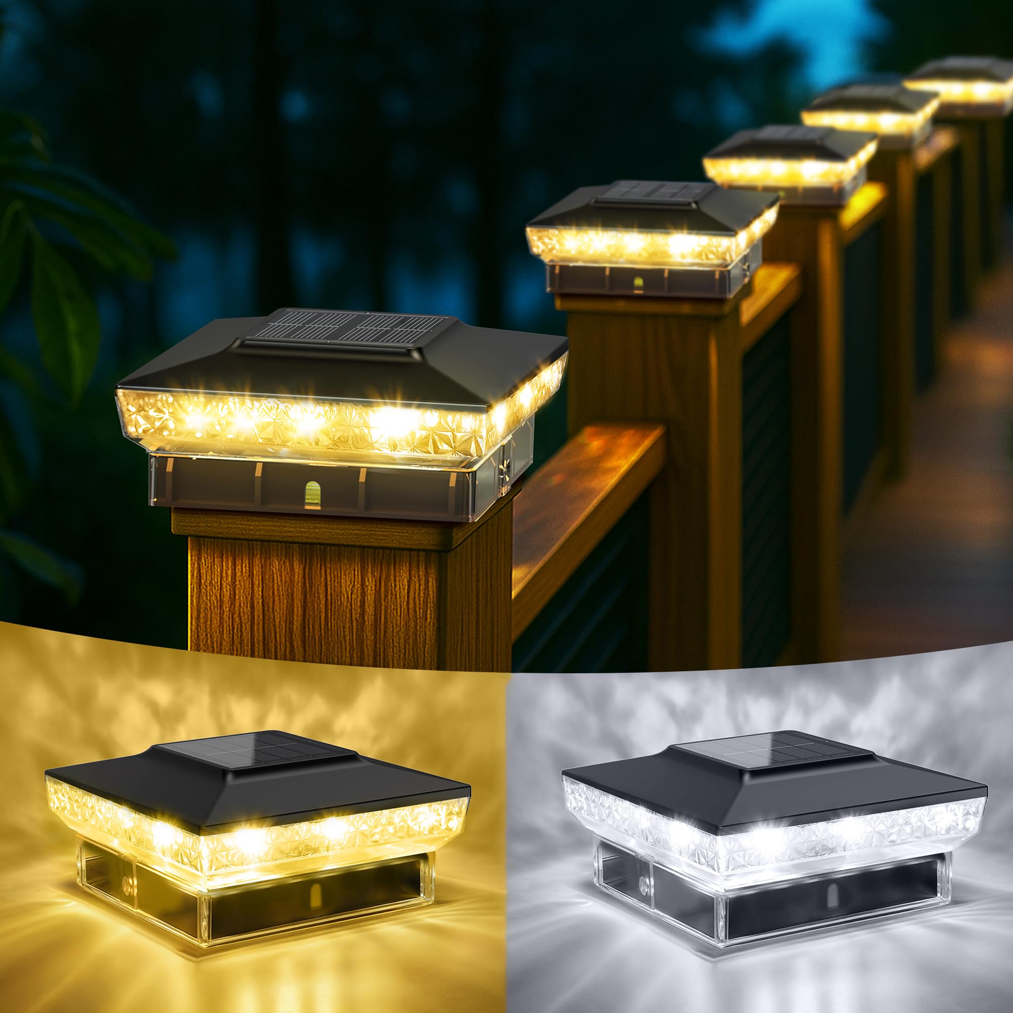 KEILAIMO Solar Post Cap Lights, 2 Pack Upgraded Outdoor Deck Fence Post Solar Lights for 4x4 5x5 Wood/Vinyl Posts, IP65 Waterproof, 10-12 Hours Warm/Cool White Glow for Garden/Patio/Porch - Black