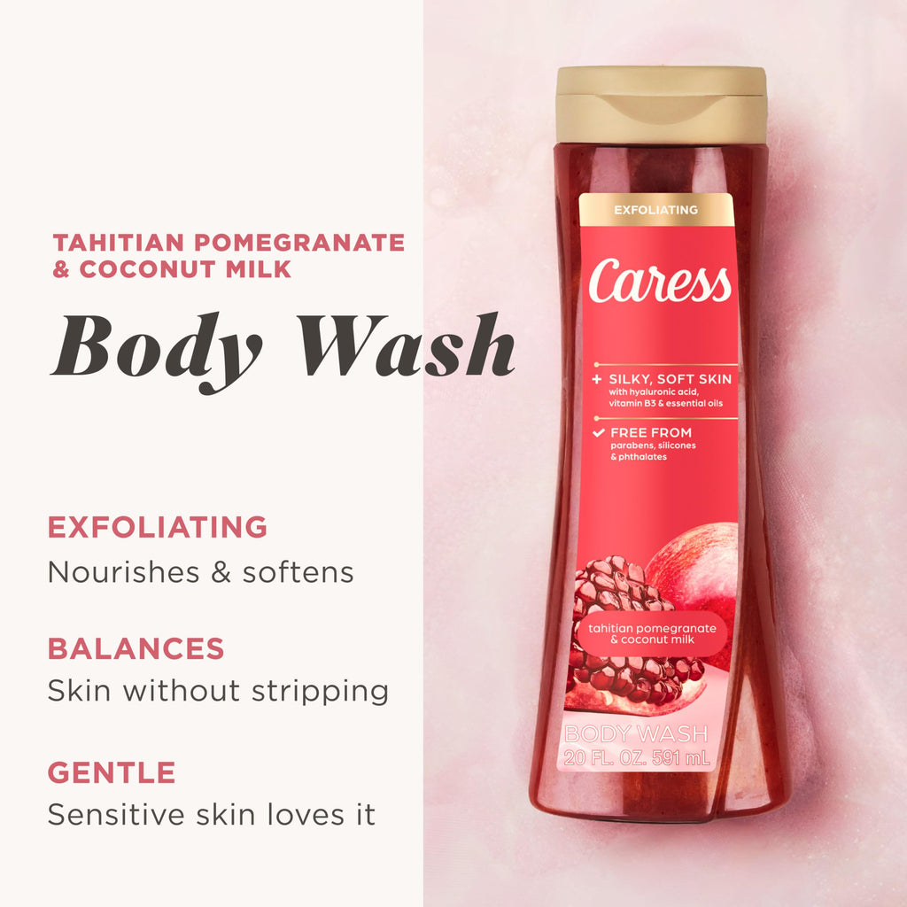 Caress Tahitian Pomegranate & Coconut Milk Exfoliating Scrub Body Wash with Hyaluronic Acid & Vitamin B3 for Moisturized, Silky Soft Skin, Long-Lasting Fragrance, 20 fl oz (4 Pack)