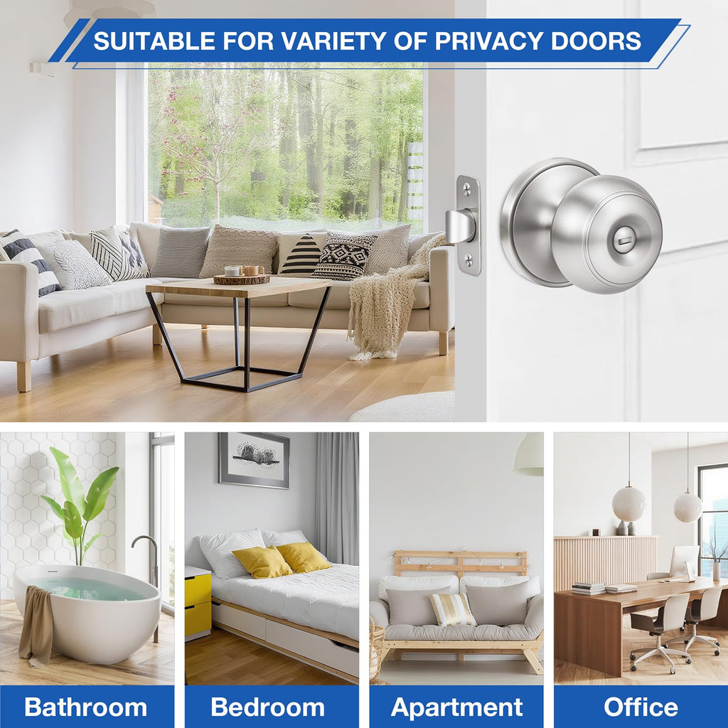 Plustool 8 Pack Brushed Nickel Door Knobs,Privacy Door Knob with Lock, Interior Doorknobs Silver, Keyless Door Locks Set for Bedrooms Bathrooms, Reversible for Left/Right Door Handle