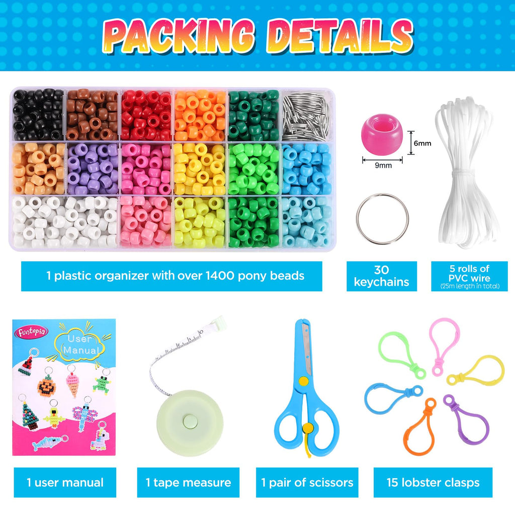 Beads for Crafts, Pony Beads Keychain Making Kit, Bead Pets for Kids Girls