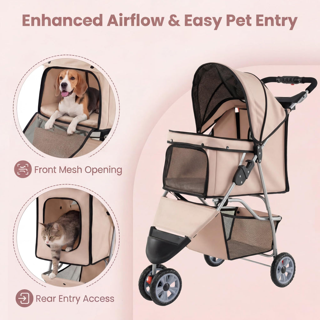 Giantex 3 Wheel Foldable Dog Stroller for Small Dogs Cats, Lightweight Pet Stroller with Lockable Wheels, One-Hand Quick Fold, Mesh Windows, Safety Leash & Storage Basket, Pet Travel Stroller (Beige)