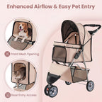 Giantex 3 Wheel Foldable Dog Stroller for Small Dogs Cats, Lightweight Pet Stroller with Lockable Wheels, One-Hand Quick Fold, Mesh Windows, Safety Leash & Storage Basket, Pet Travel Stroller (Beige)