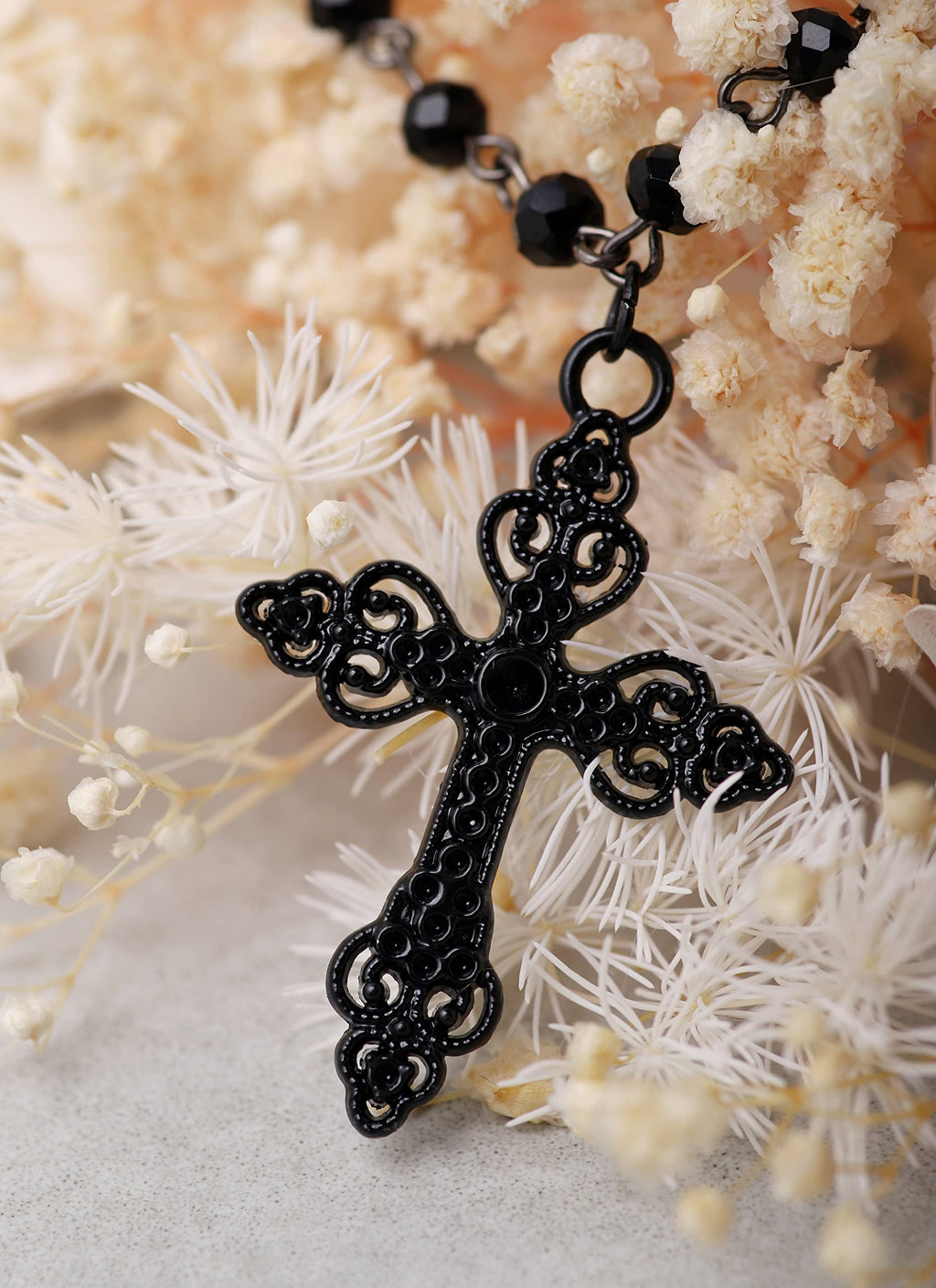 Layered Black Beaded Cross Choker, Goth Gothic Emo Punk Grunge Necklace