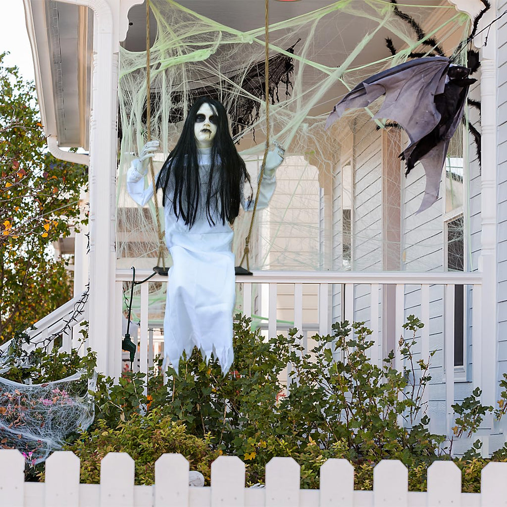 PARTYGEARS Halloween Decorations Props Hanging Swinging Girl with Creepy Expressions, Hanging Ghosts The Best Indoor and Outdoor Scary Decorations for Halloween(White)