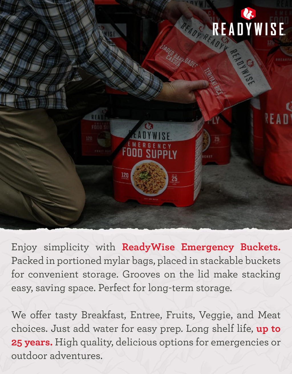 ReadyWise Emergency Food Supply - 72 Hour Survival Kit, 30 Servings of Protein Meals, Freeze Dried Food for Backpacking, Camping Essentials & Disaster Prepping Supplies, up to 25 Year Shelf Life