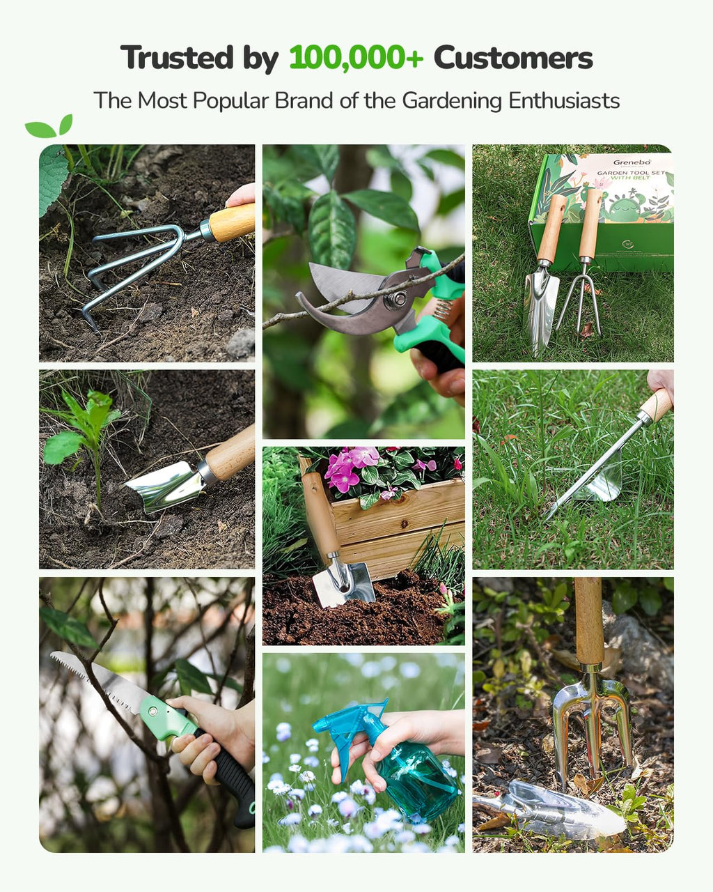 Grenebo Gardening Tools 10-Piece Garden Tool Set, Rust Resistant, Pink