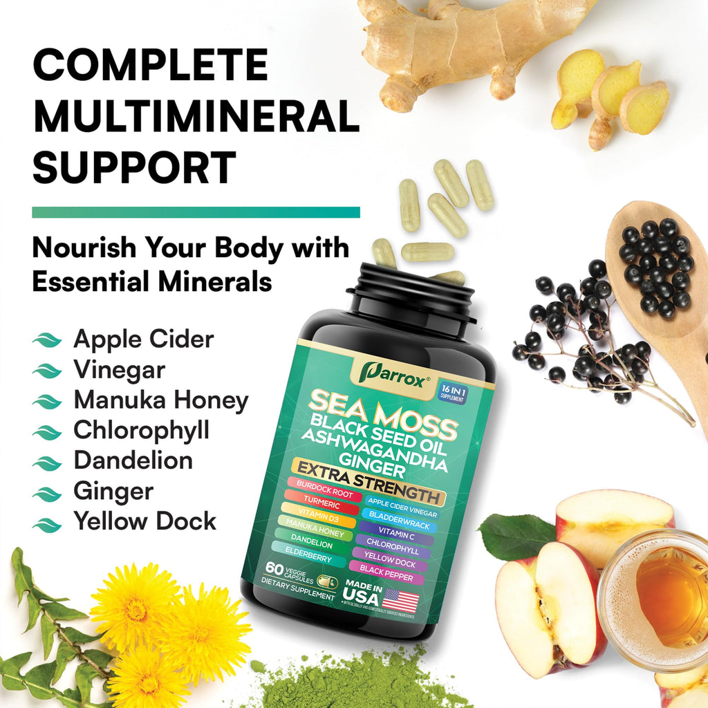 Sea Moss Black Seed Oil Supplement, 16-in-1 Ashwagandha, Turmeric, 60 Caps