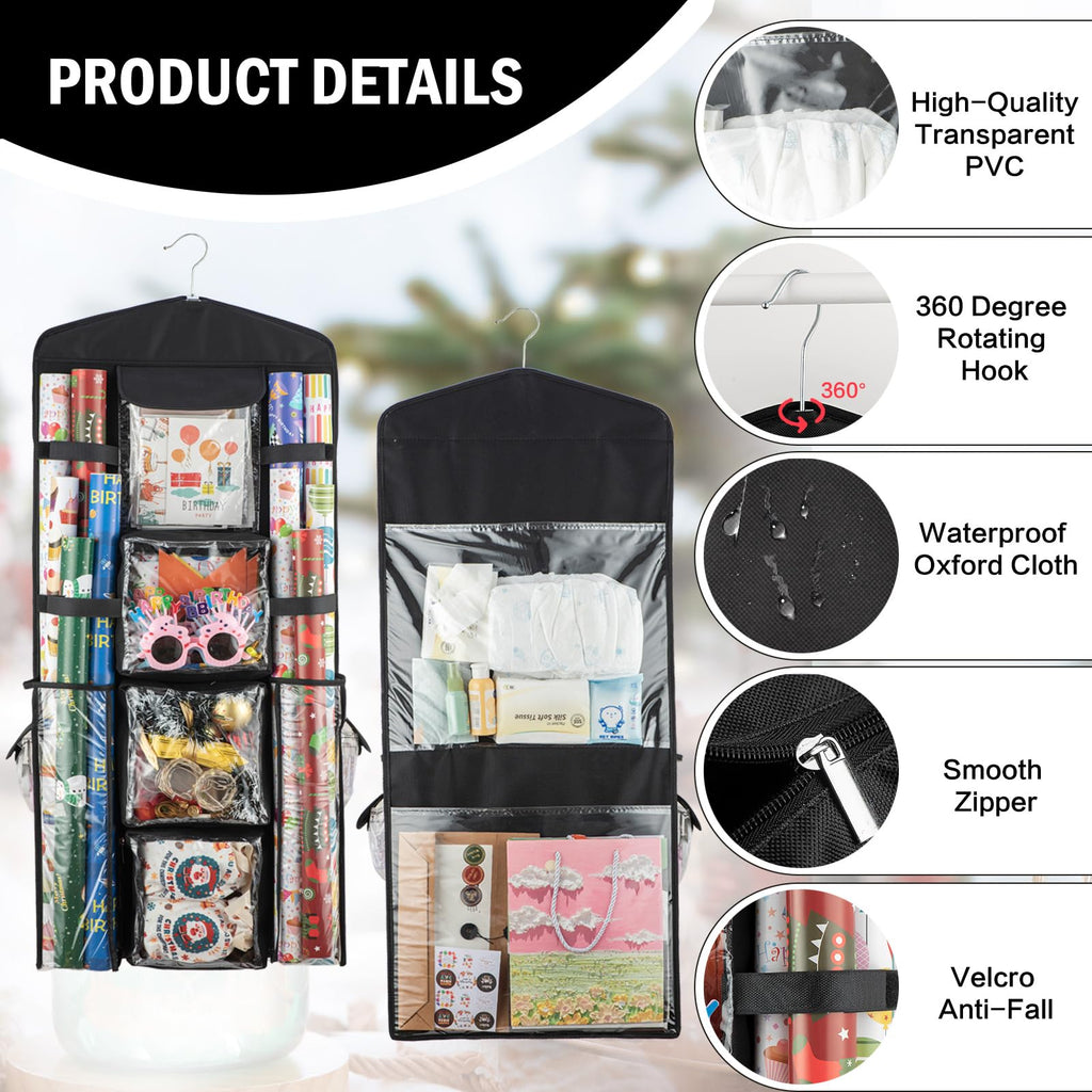 EOLIMEX Christmas Wrapping Paper Organizer Storage, Hanging Gift Bag Storage Organizer, Double-Sided Wrapping Paper Holder Storage - Black