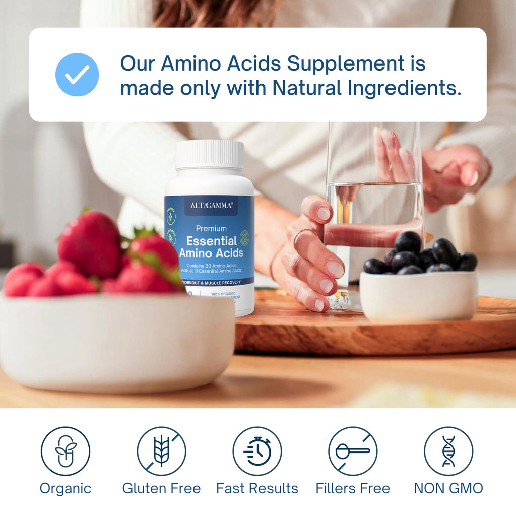 ALTAGAMMA Pure Amino Acids Complex - Protein for Pre/Post Workout, Energy & Muscle Recovery - 9 Essential Amino Acids Supplement (EAA) & BCAAs - Leucine, Lysine, L Tyrosine, L Arginine, 60 Capsules