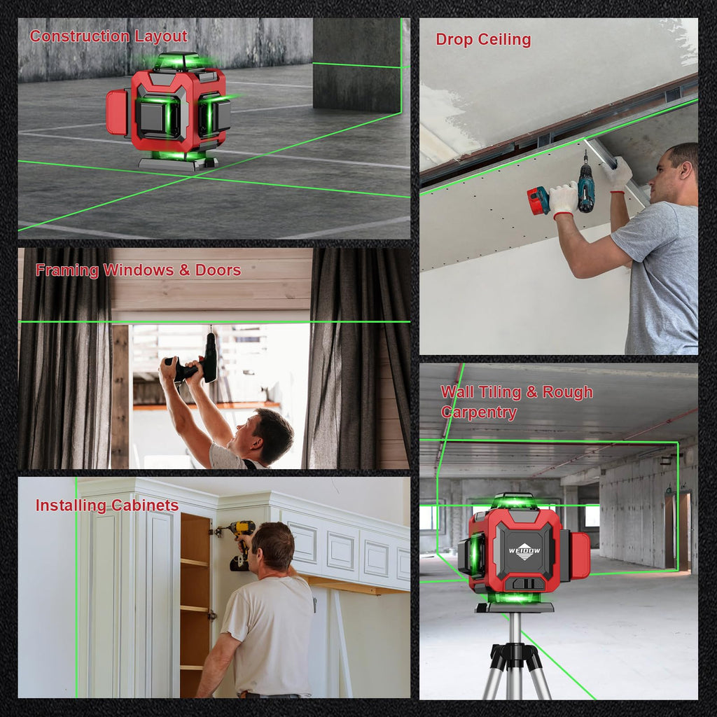 WEIDDW Laser Level with Tripod, Self Leveling Laser Level 4x360°, Green Line Laser 4D Laser Leveler Tool with 2Pcs Lithium Batteries for Picture Hanging, Tile, Home Renovation(SizeX)