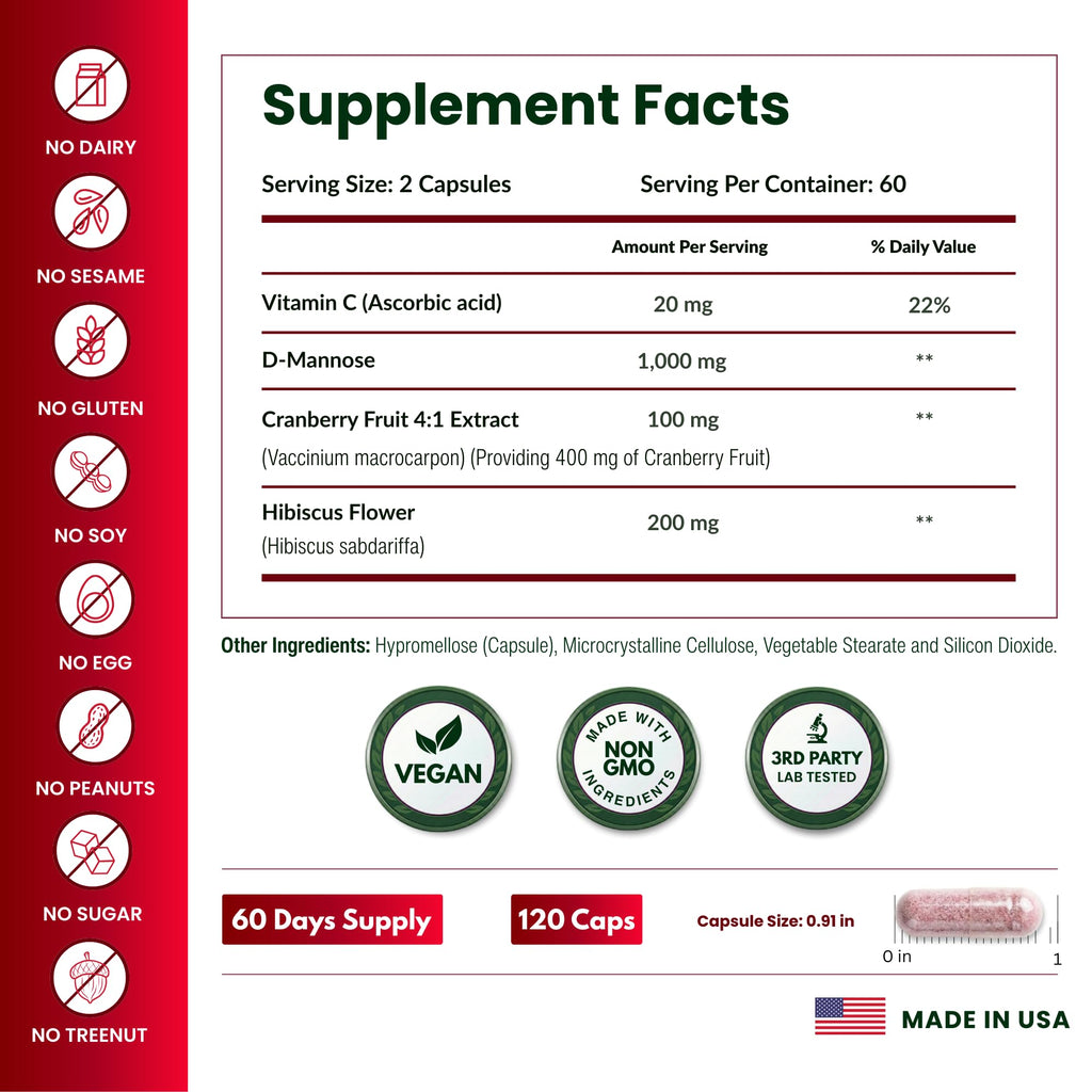 ForestLeaf D Mannose Supplements for Women & Men - D-Mannose 1000mg Capsules with Cranberry, Hibiscus & VIT C - DMannose Pills for UTI, Urinary Tract & Bladder Support - 120 Caps