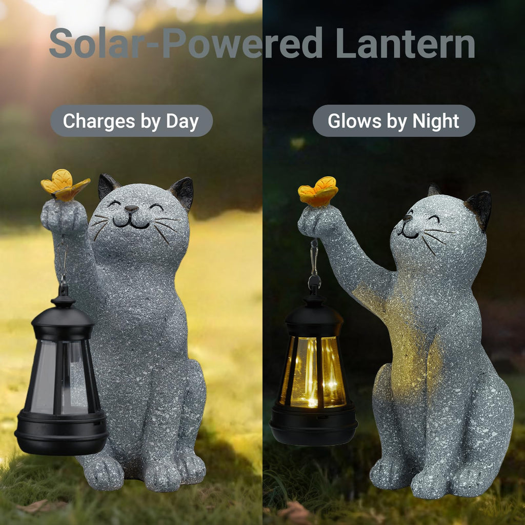 Elegondrar Solar Cat Garden Statue Outdoor Decor, Cat Sculpture with Lantern and Butterfly for Yard Lawn Patio Balcony, Christmas, Birthday Housewarming Gifts for Mom, Grandma, Women, 9.4 inch, Resin