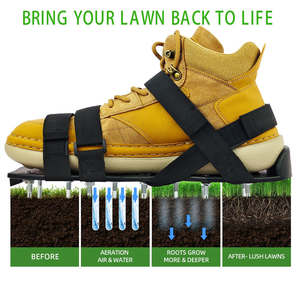 CASUSEN Lawn Aerator Shoes, Aerator Lawn Tool One Size Fits All for Yard Patio Lawn and Garden, Newly Upgraded X-Shaped 8-Strand Straps, Steel Spikes for Soil Aeration