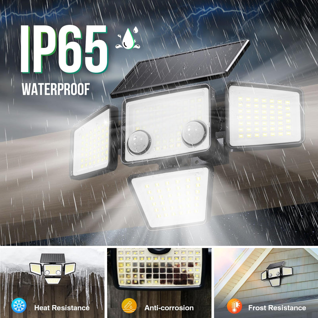 LYWALT Solar Outdoor Lights - 3000LM 188 LED Motion Sensor Outdoor Lights, 4 Heads IP65 Waterproof Powered Security Flood Lights, 270°Wide Lighting Angle Wall Light with Sensors for Backyard Yard